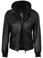 Edinburgh Women's Bomber Black Leather Jacket with Removable Hood