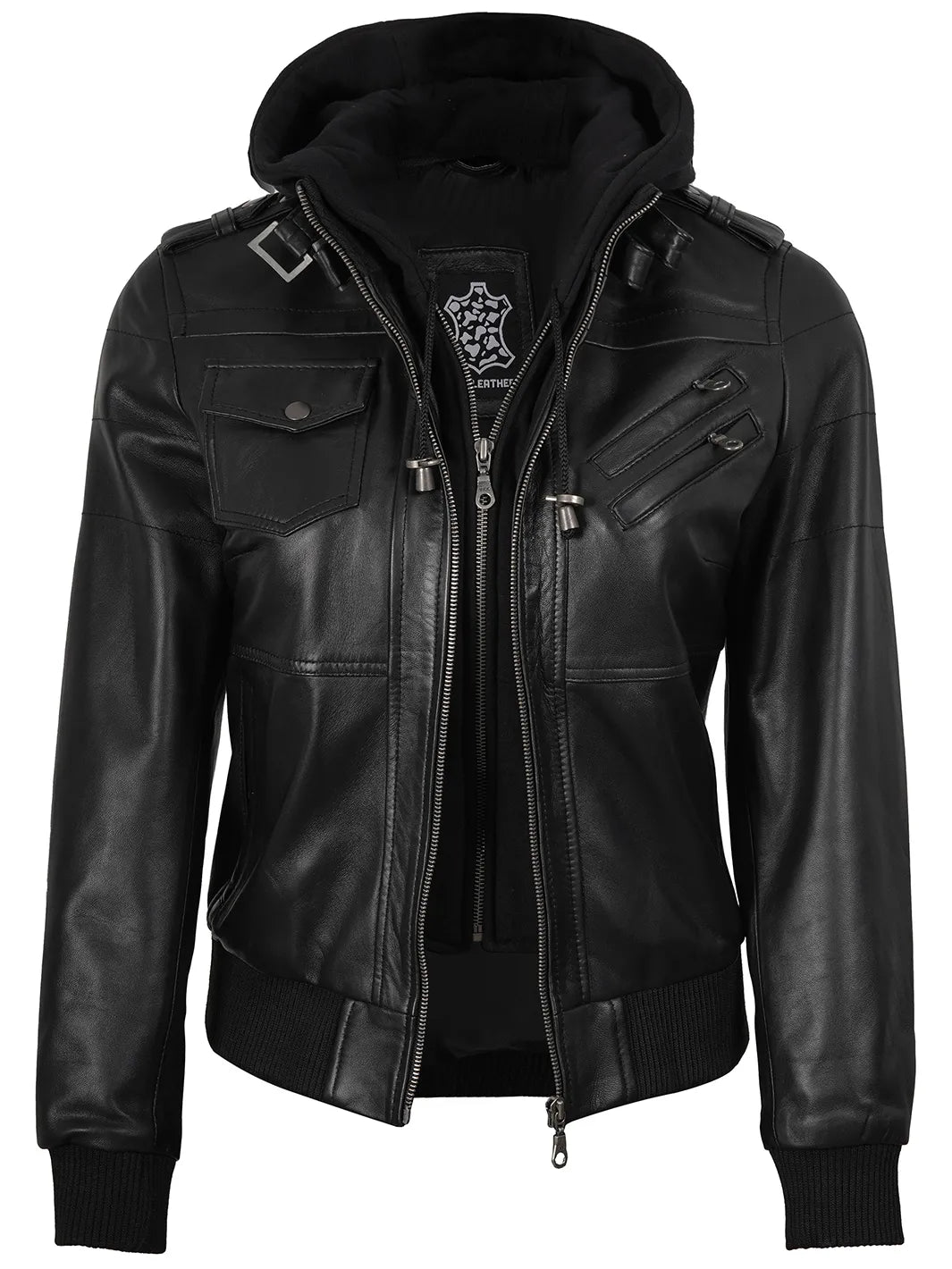 Edinburgh Women's Bomber Black Leather Jacket with Removable Hood