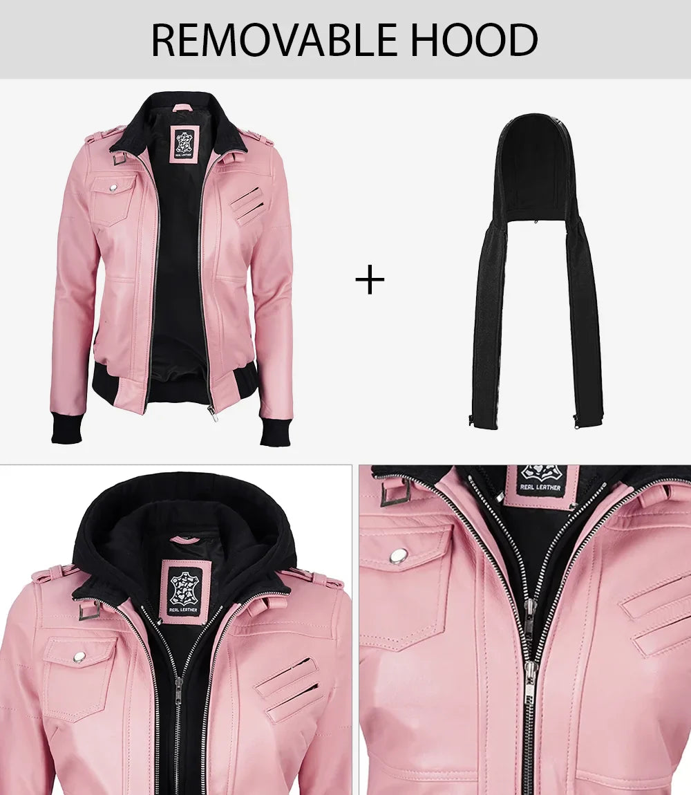 Women's Pink Leather Jacket with Removable Hood