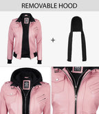 Women's Pink Leather Jacket with Removable Hood