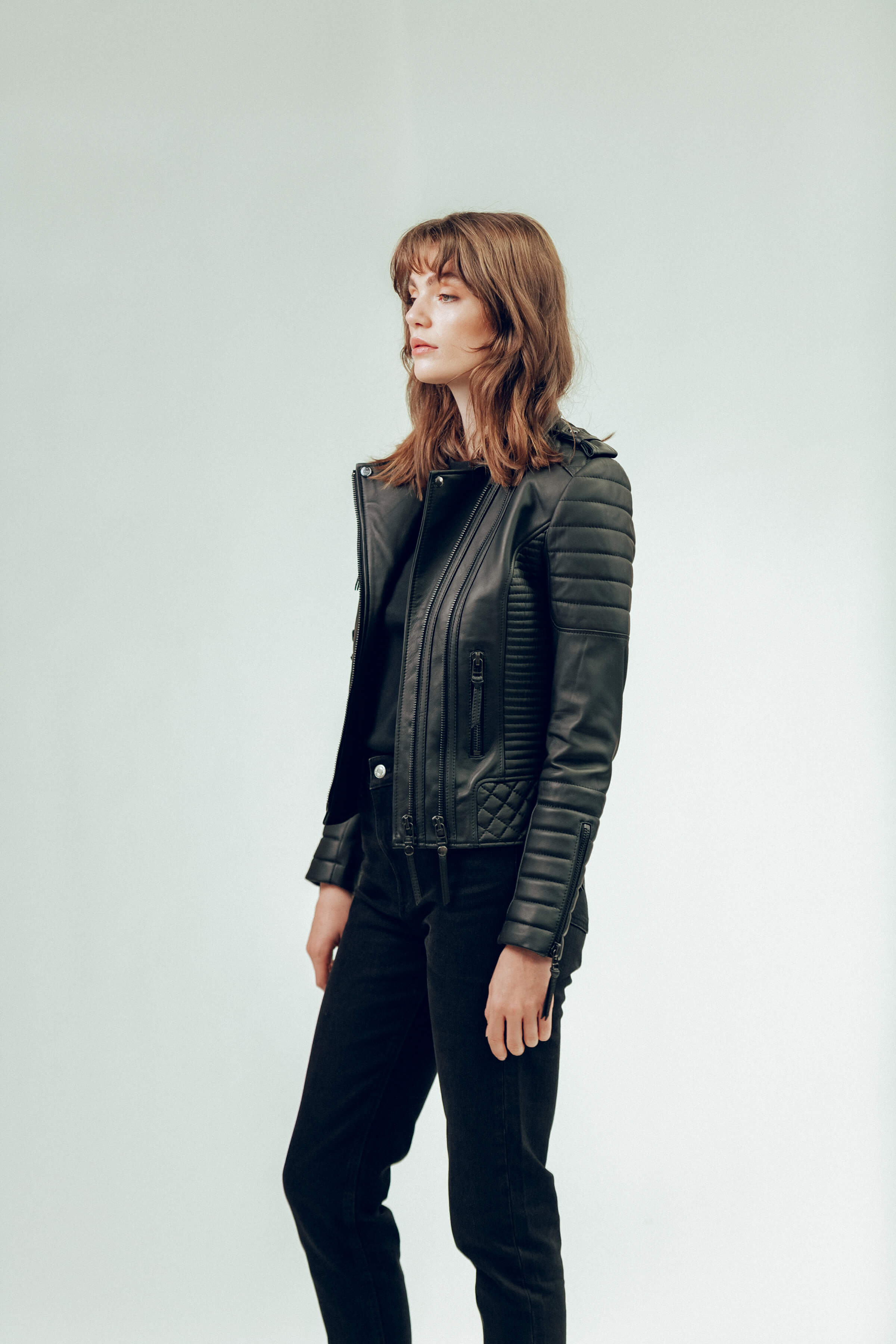 Kay Michaels 2.0 Gun Metal Hardware Tall Leather Jacket (Woman)
