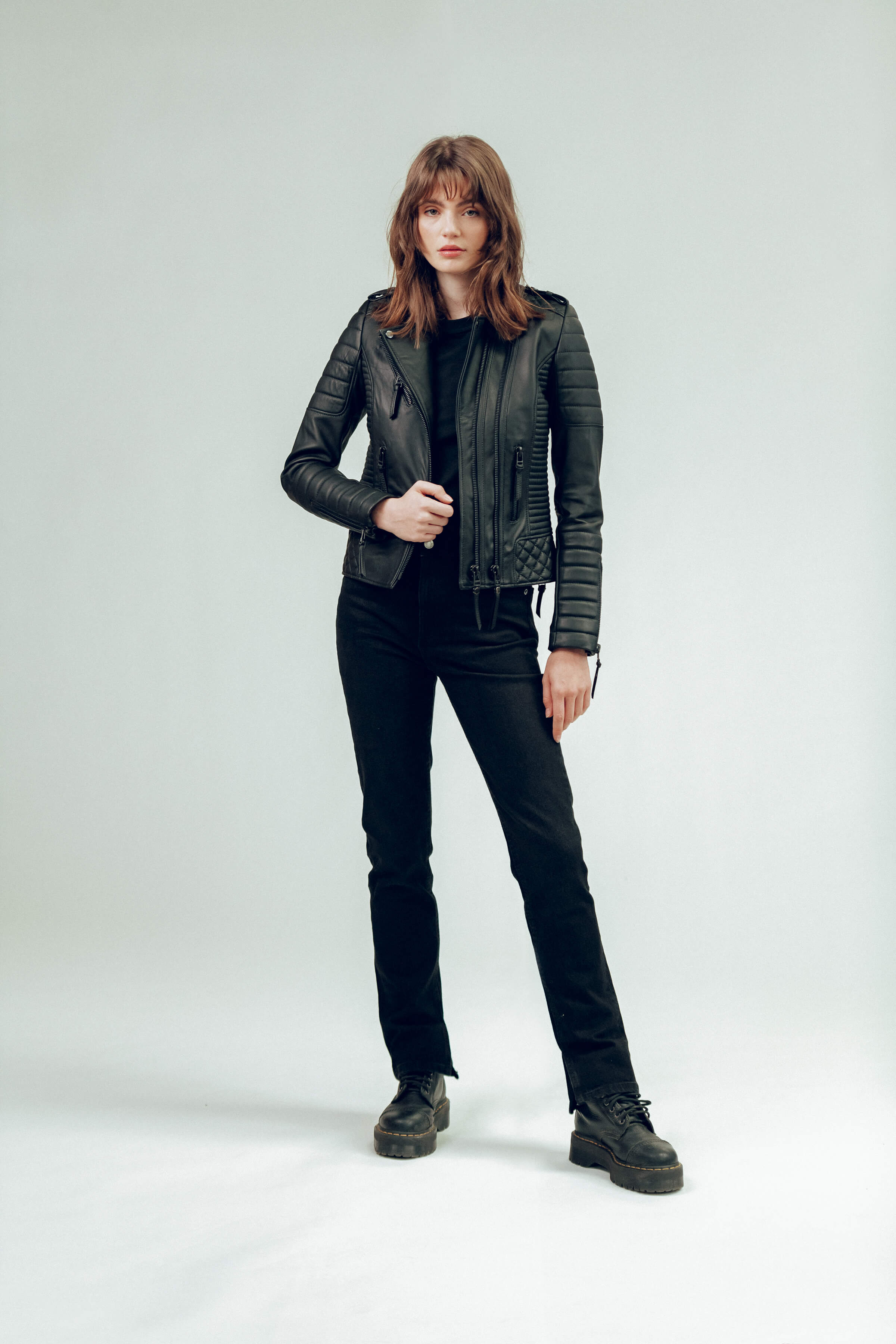 Kay Michaels 2.0 Gun Metal Hardware Tall Leather Jacket (Woman)