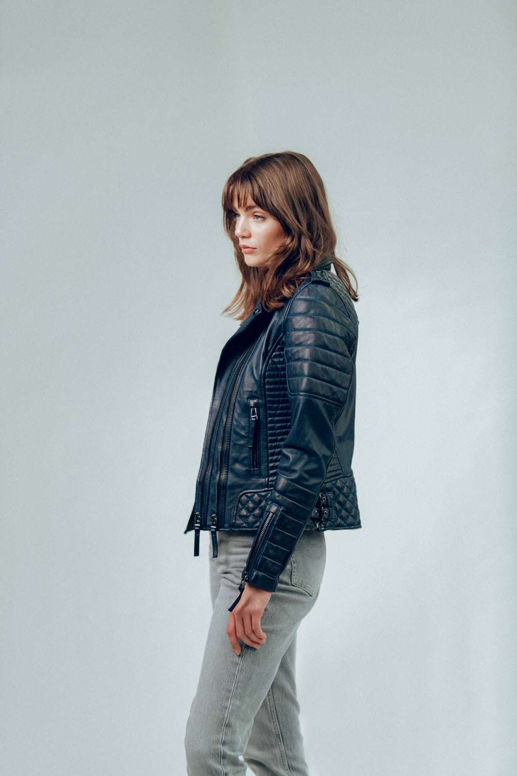 Kay Michaels 2.0: Burnt Blue Leather Biker Jacket (Woman)