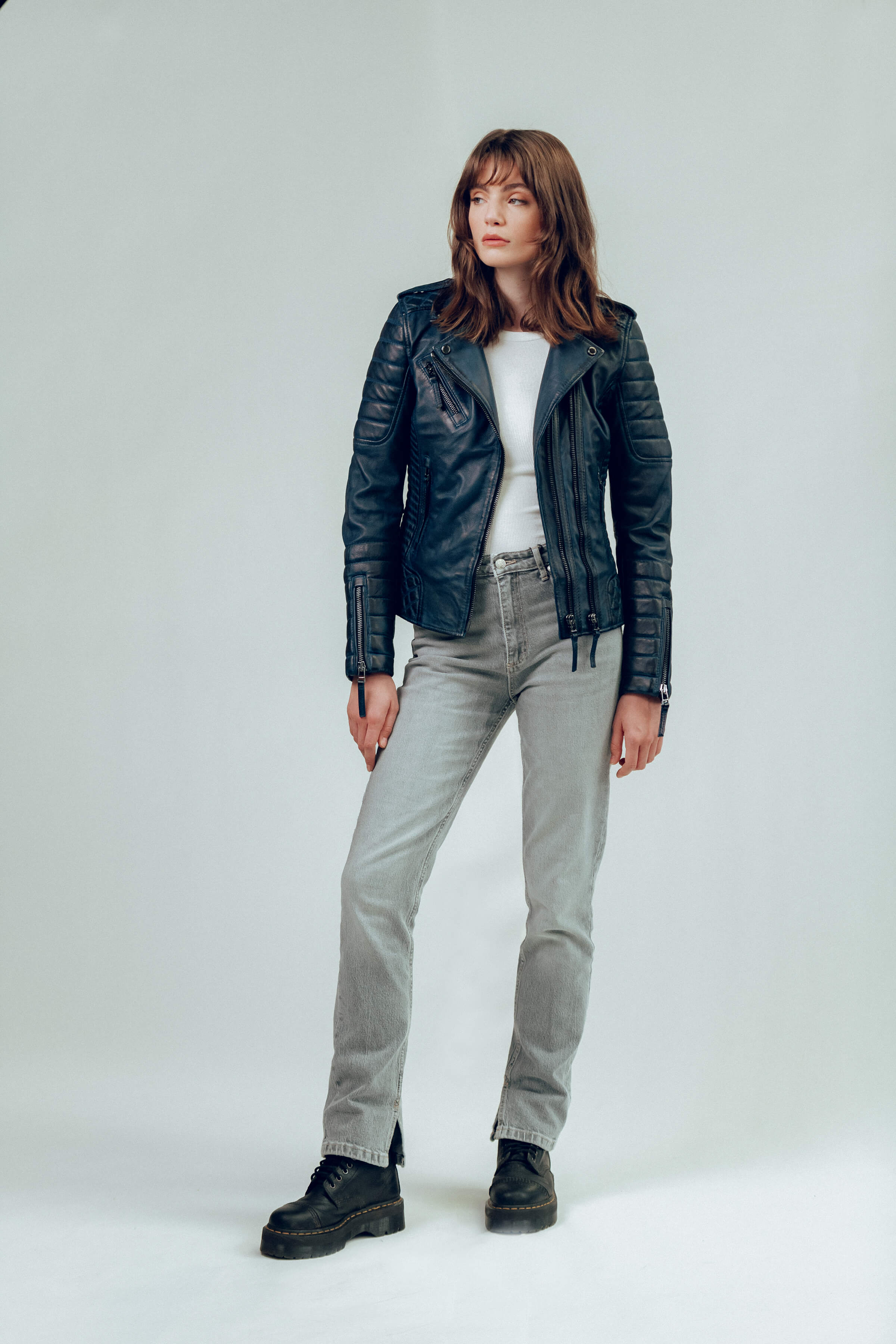 Kay Michaels 2.0: Burnt Blue Leather Biker Jacket (Woman)