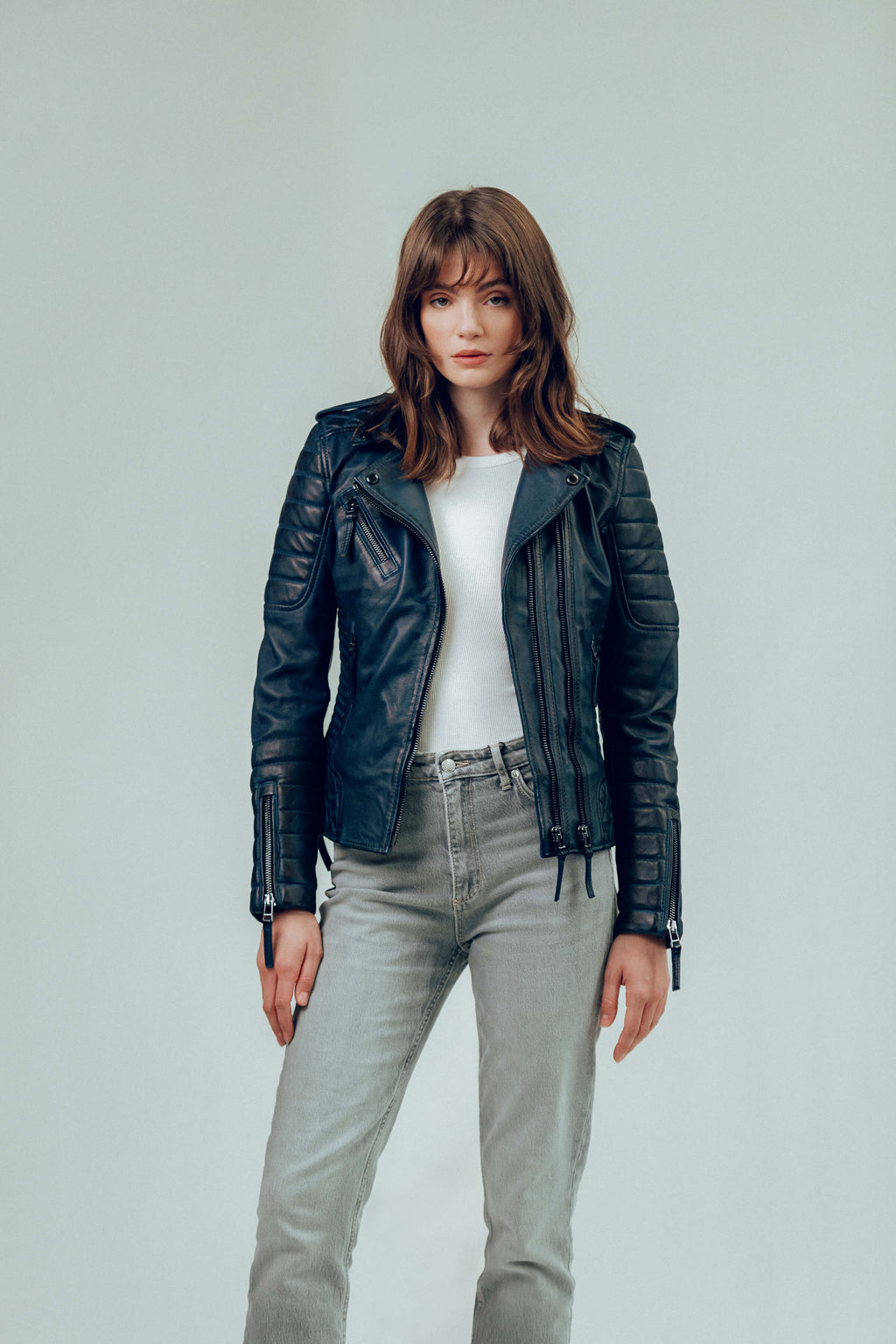 Kay Michaels 2.0: Burnt Blue Leather Biker Jacket (Woman)