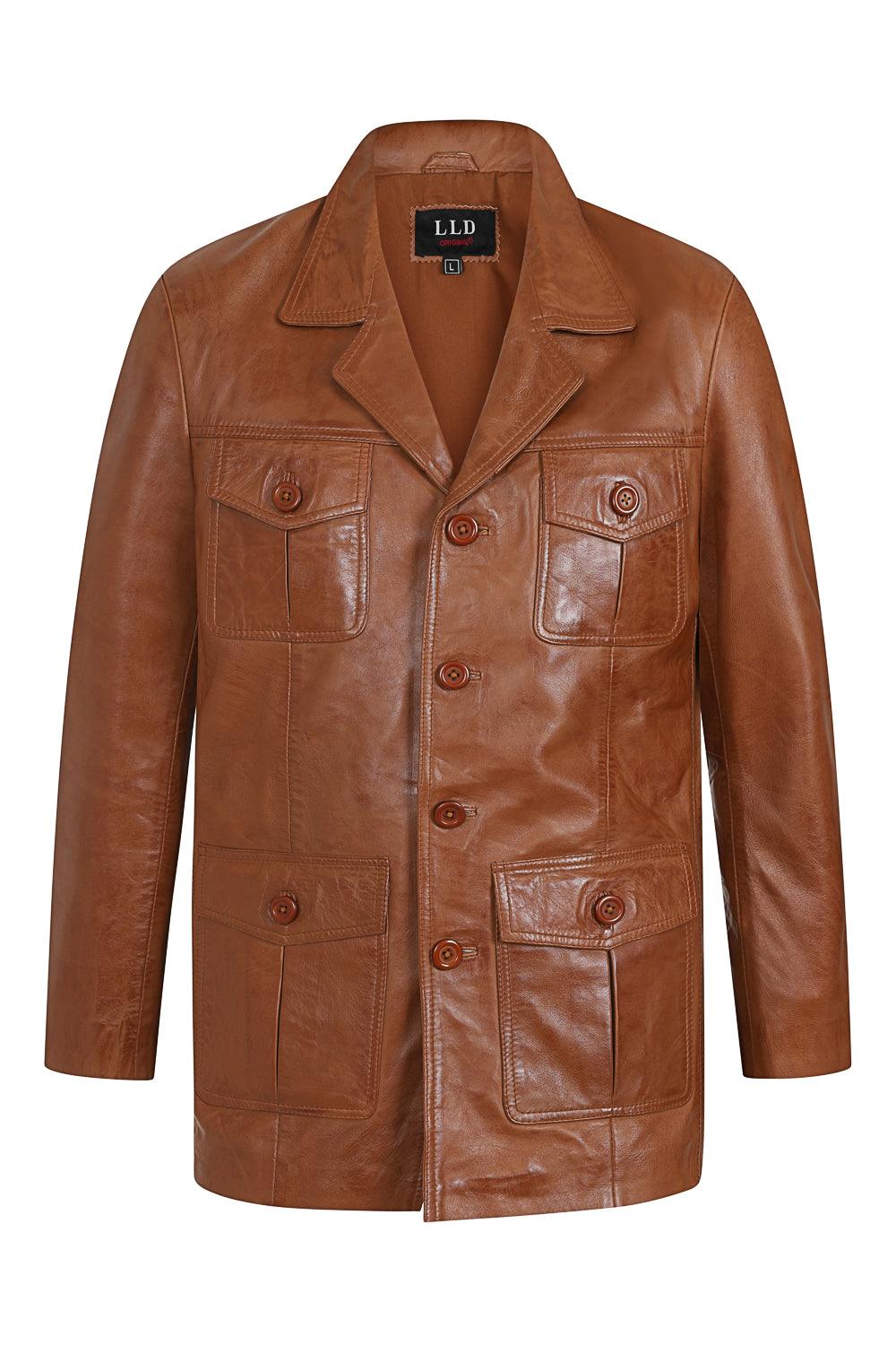 Men's Genuine Tan Leather Button Front Jacket - Classic Style