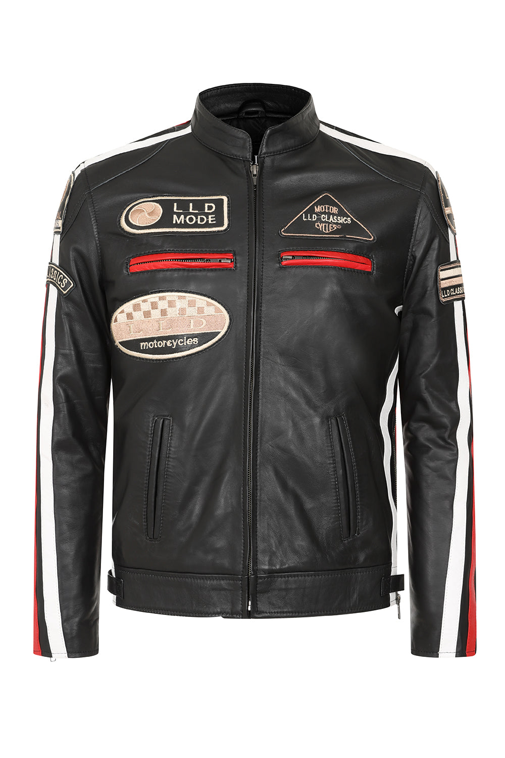Men's Genuine Leather Racing Jacket Black with Stripes - FRANK