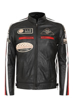 Men's Genuine Leather Racing Jacket Black with Stripes - FRANK