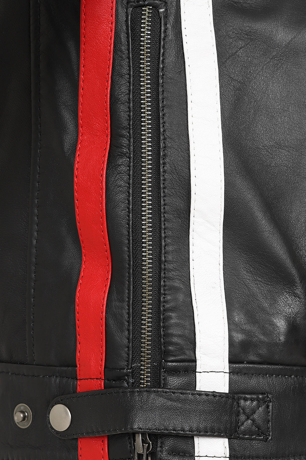 Men's Genuine Leather Racing Jacket Black with Stripes - FRANK