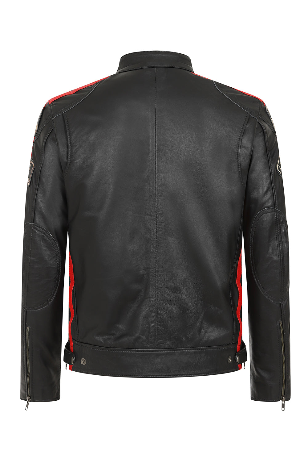 Men's Genuine Leather Racing Jacket Black with Stripes - FRANK