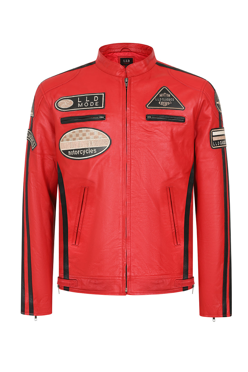 LLD Men's Red Genuine Leather Racing Jacket with Black Stripes