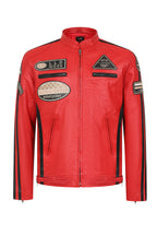 LLD Men's Red Genuine Leather Racing Jacket with Black Stripes