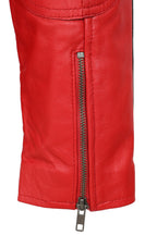 LLD Men's Red Genuine Leather Racing Jacket with Black Stripes