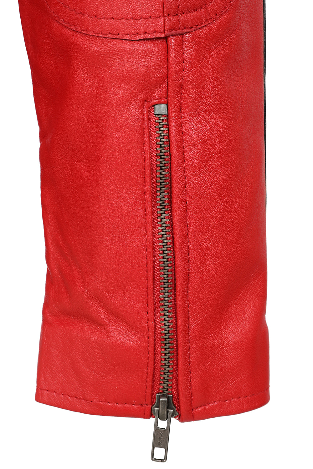 LLD Men's Red Genuine Leather Racing Jacket with Black Stripes
