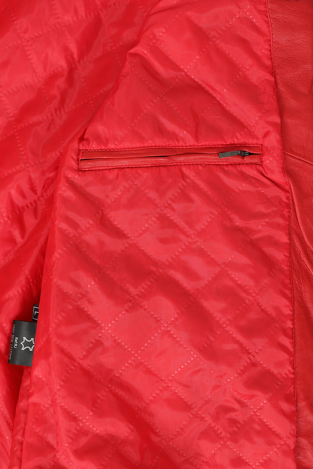 LLD Men's Red Genuine Leather Racing Jacket with Black Stripes