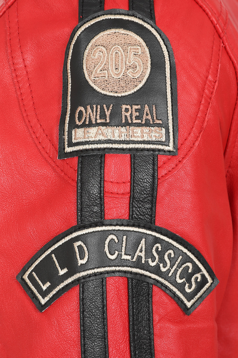 LLD Men's Red Genuine Leather Racing Jacket with Black Stripes