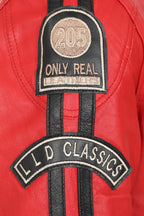 LLD Men's Red Genuine Leather Racing Jacket with Black Stripes