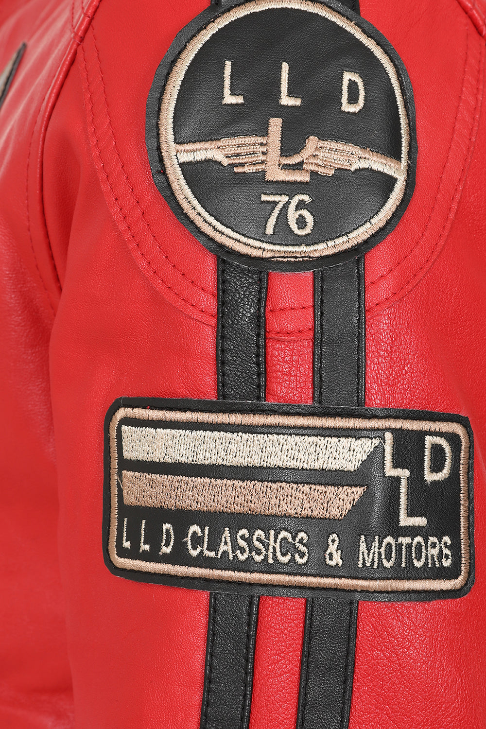 LLD Men's Red Genuine Leather Racing Jacket with Black Stripes