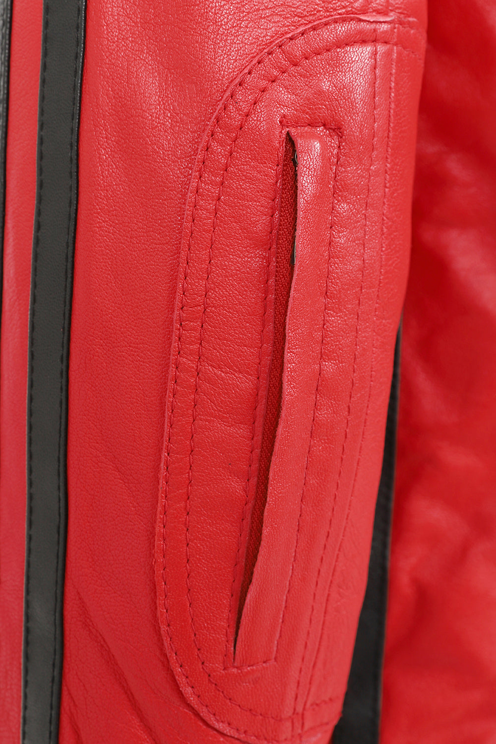LLD Men's Red Genuine Leather Racing Jacket with Black Stripes