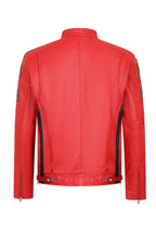 LLD Men's Red Genuine Leather Racing Jacket with Black Stripes