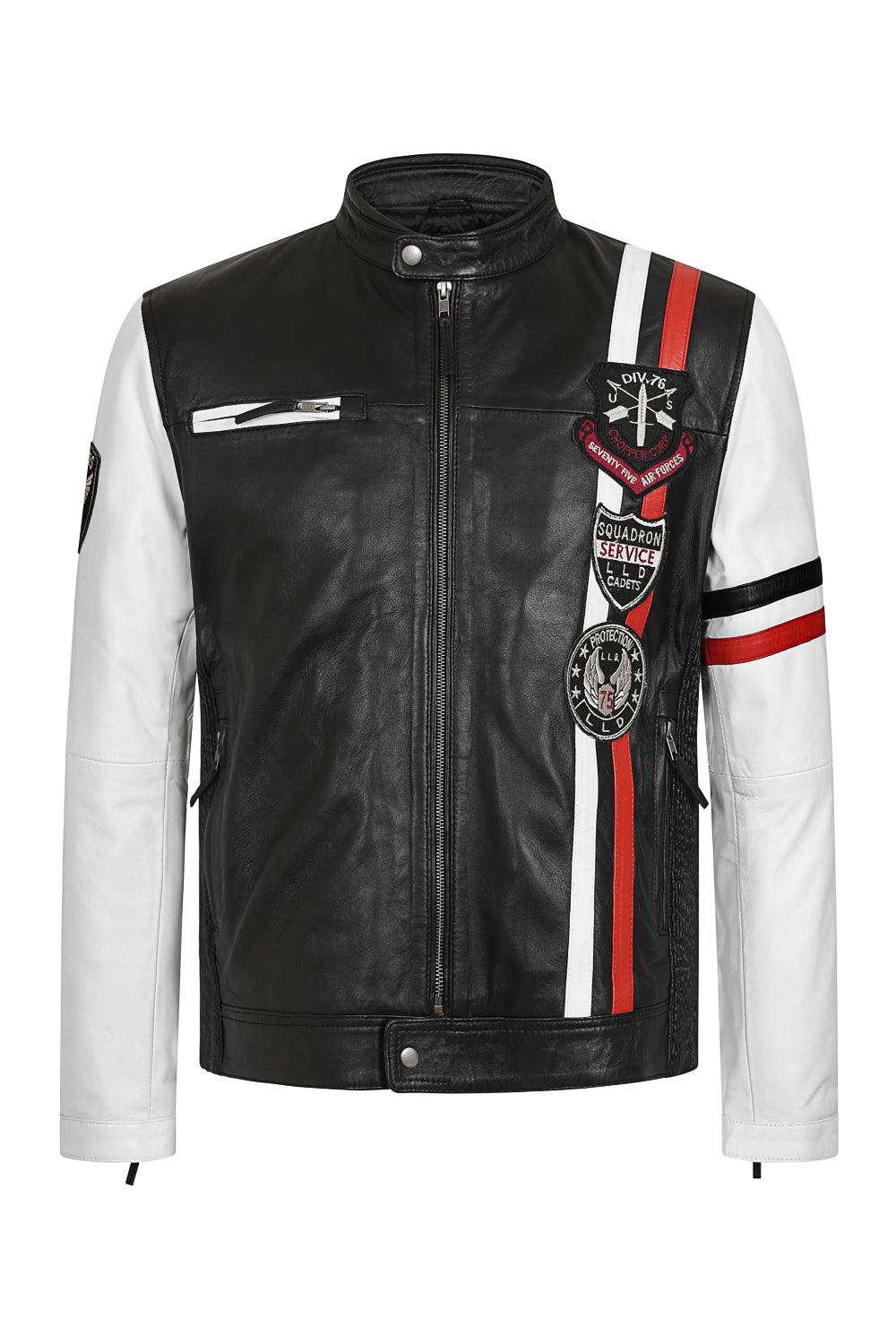 Men's Genuine Leather Black White Biker Jacket JOSEPH - Lamb Nappa