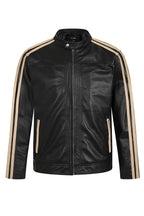RIO Men's Genuine Nappa Leather Racer Jacket - Black Cream Stripes