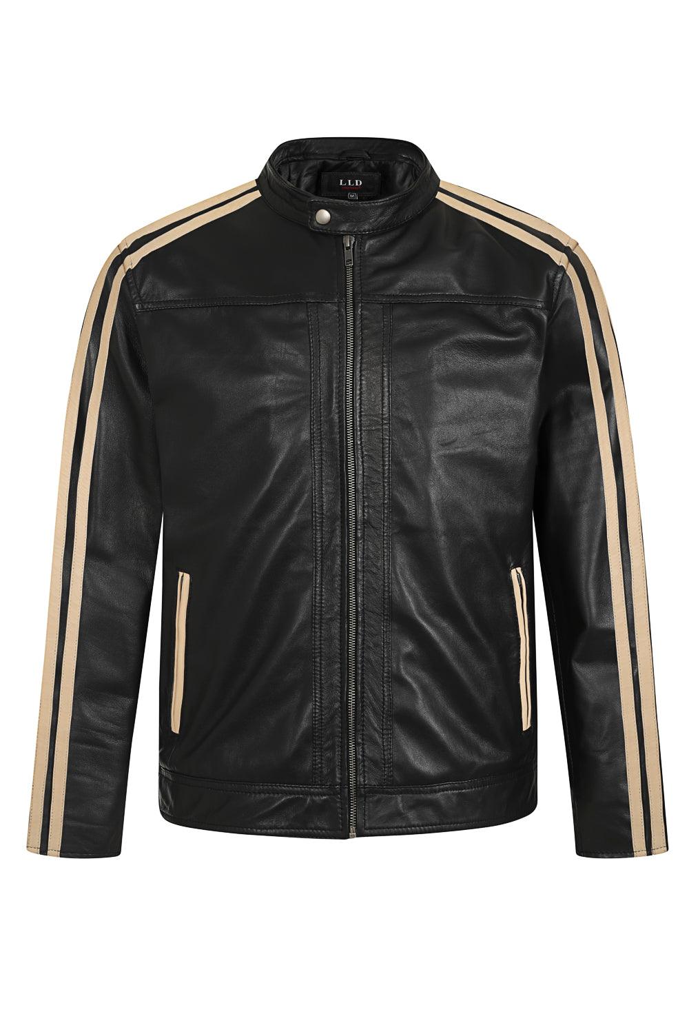 RIO Men's Genuine Nappa Leather Racer Jacket - Black Cream Stripes