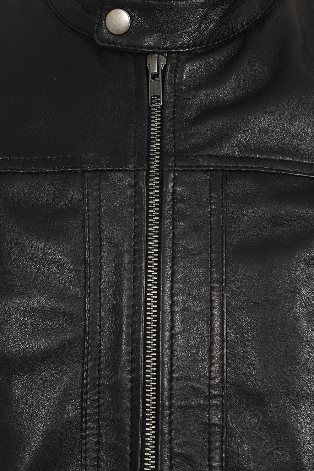 RIO Men's Genuine Nappa Leather Racer Jacket - Black Cream Stripes