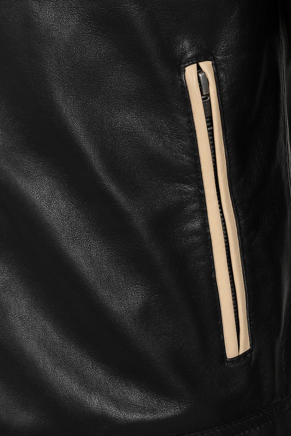 RIO Men's Genuine Nappa Leather Racer Jacket - Black Cream Stripes