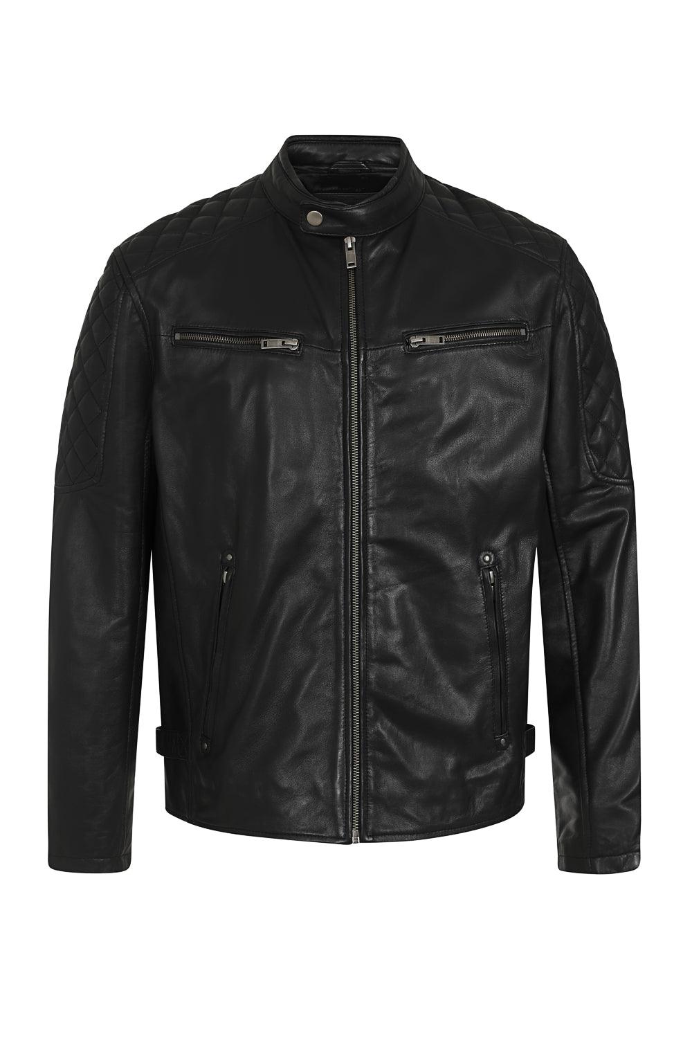 DAVID Men's Genuine Lamb Nappa Leather Biker Jacket - Black