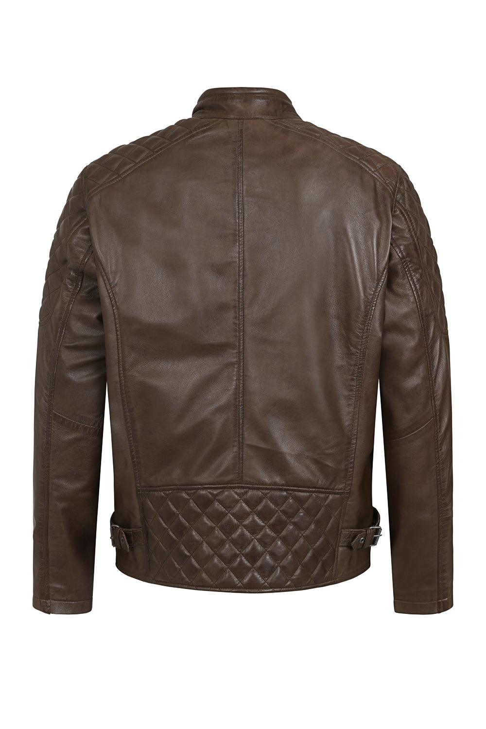 DAVID Men's Brown Lamb Nappa Leather Biker Jacket - Quilted