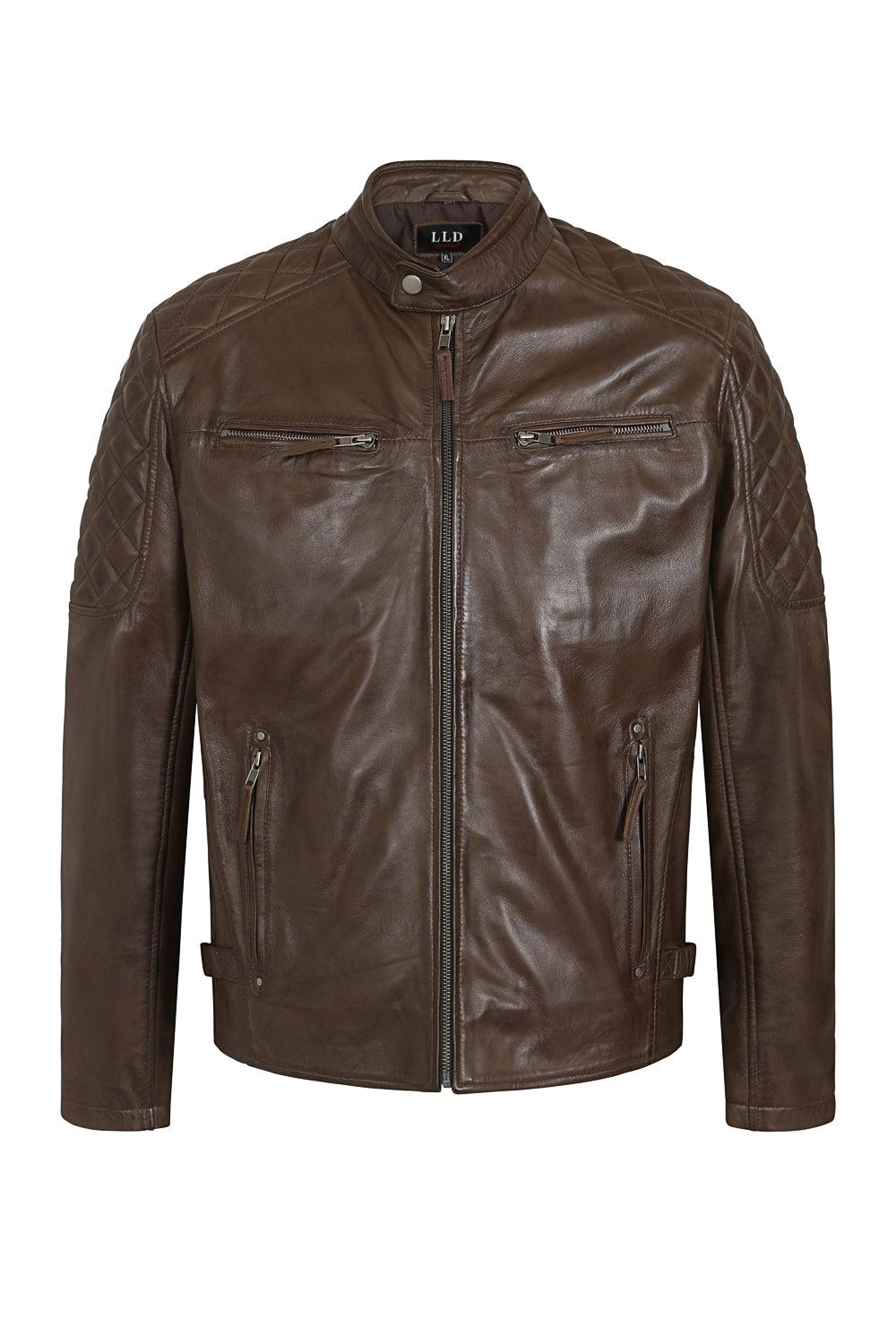 DAVID Men's Brown Lamb Nappa Leather Biker Jacket - Quilted