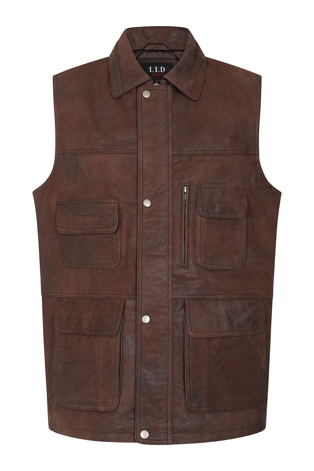 VINNY VIG Men's Genuine Lamb Leather Gilet - Black Brown Buff