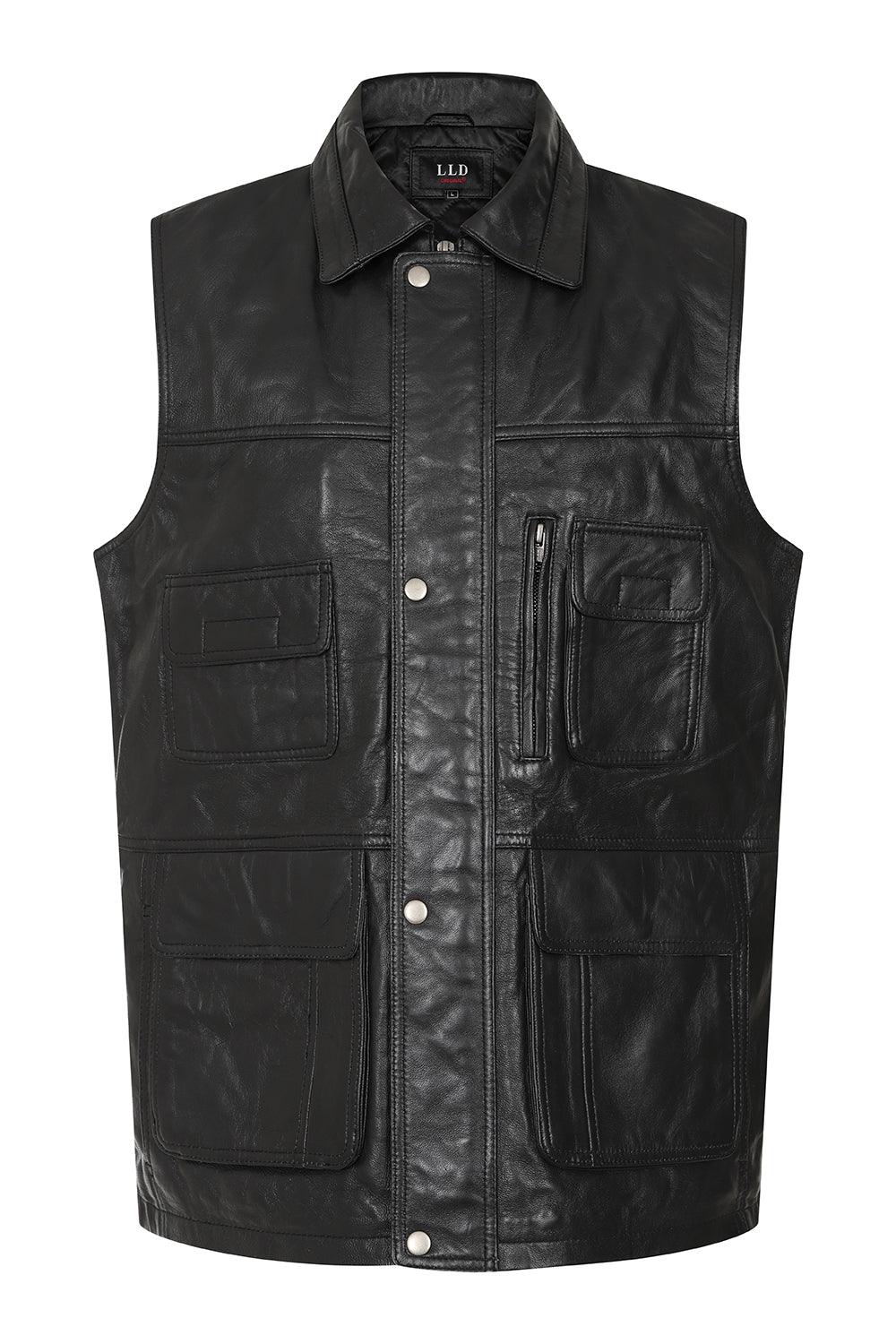VINNY VIG Men's Genuine Lamb Leather Gilet - Black Brown Buff
