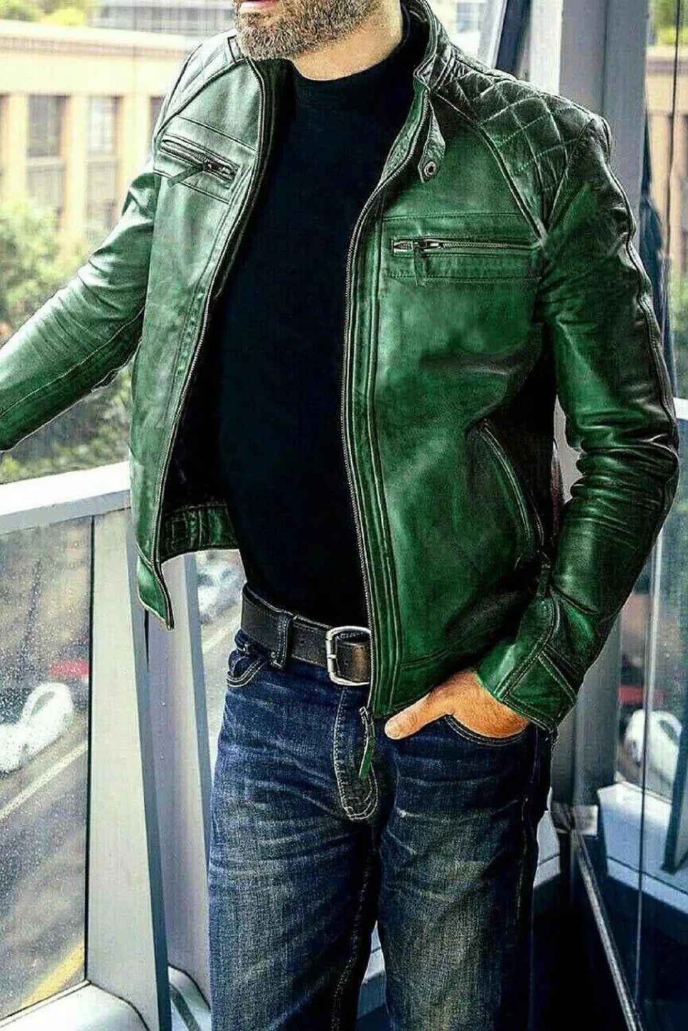 Ionic Green Leather Biker Jacket