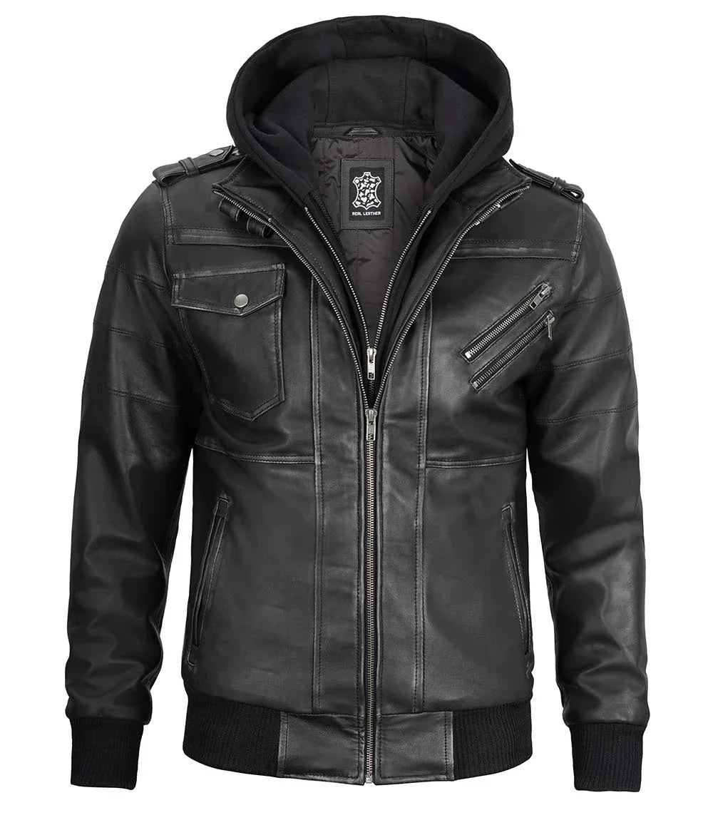 Men's Bomber Dark Grey Leather Jacket with Removable Hood