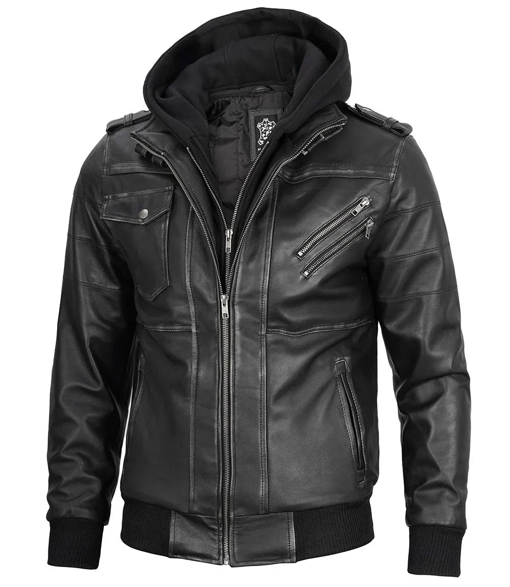 Men's Bomber Dark Grey Leather Jacket with Removable Hood