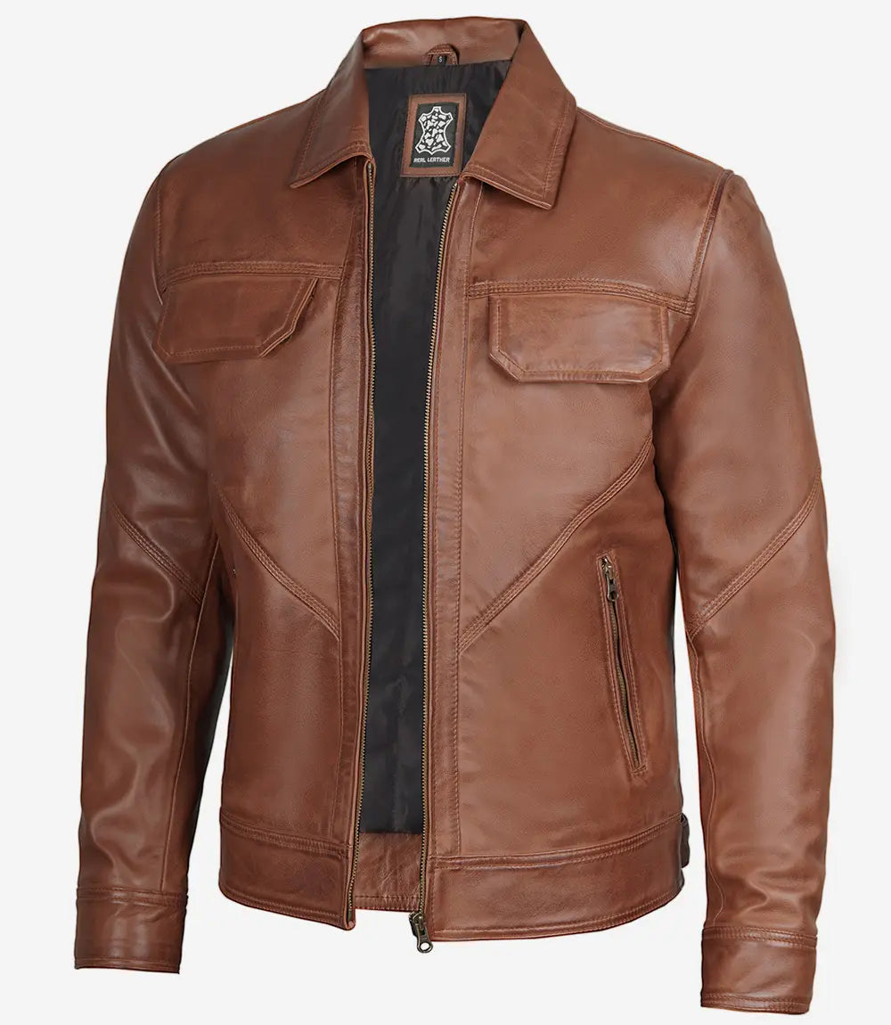 Men's Cognac Brown Lambskin Leather Jacket Shirt Collar