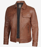 Men's Cognac Brown Lambskin Leather Jacket Shirt Collar