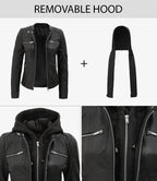 Women's Black Leather Jacket With Removable Hood