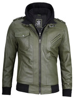Men's Military Green Leather Jacket with Removable Hood