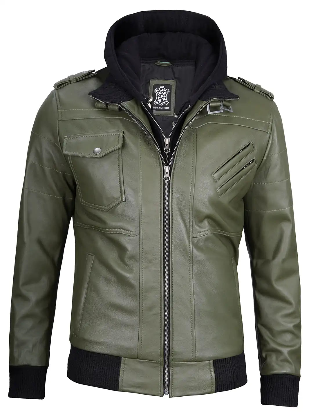 Men's Military Green Leather Jacket with Removable Hood