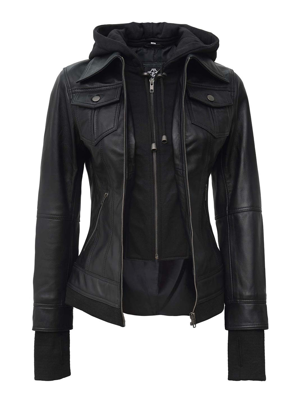 Tall Women's Black Biker Style Leather Jacket with Removable Hood