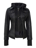 Tall Women's Black Biker Style Leather Jacket with Removable Hood