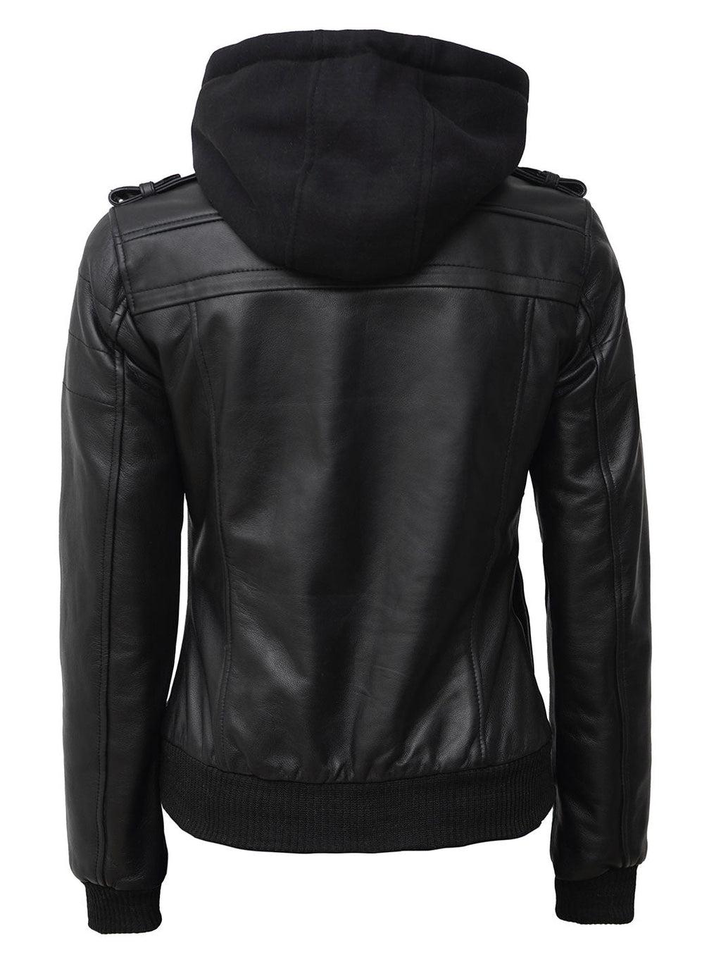 Petite Women's Bomber Black Leather Jacket with Removable Hood