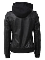Petite Women's Bomber Black Leather Jacket with Removable Hood