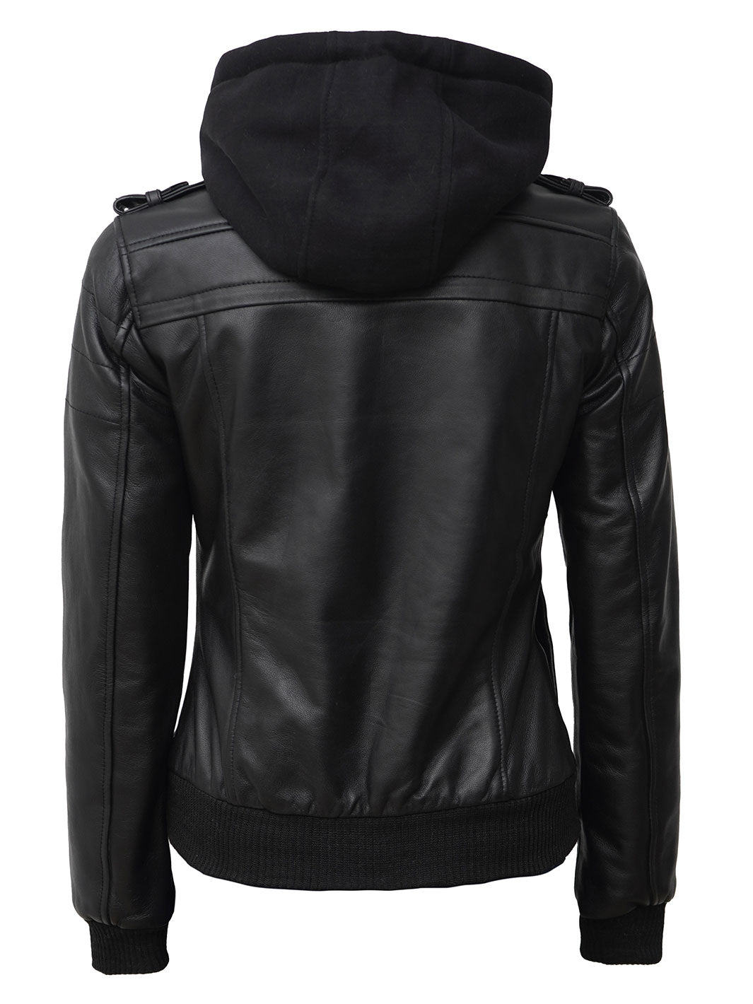 Tall Women's Bomber Black Leather Jacket with Removable Hood