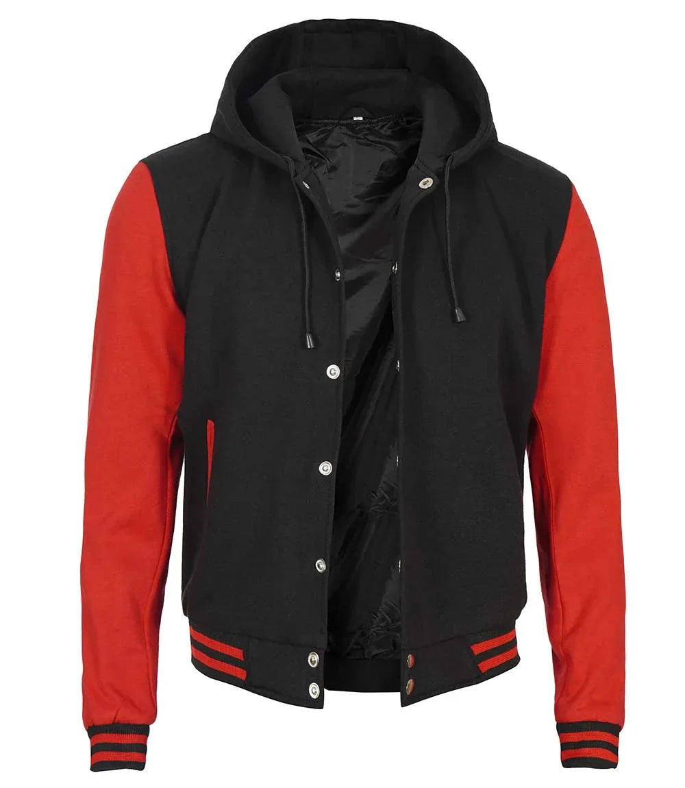 Men's Red and Black Varsity Letterman Jacket With Hood