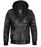 Tall Men's Black Leather Jacket with Removable Hood