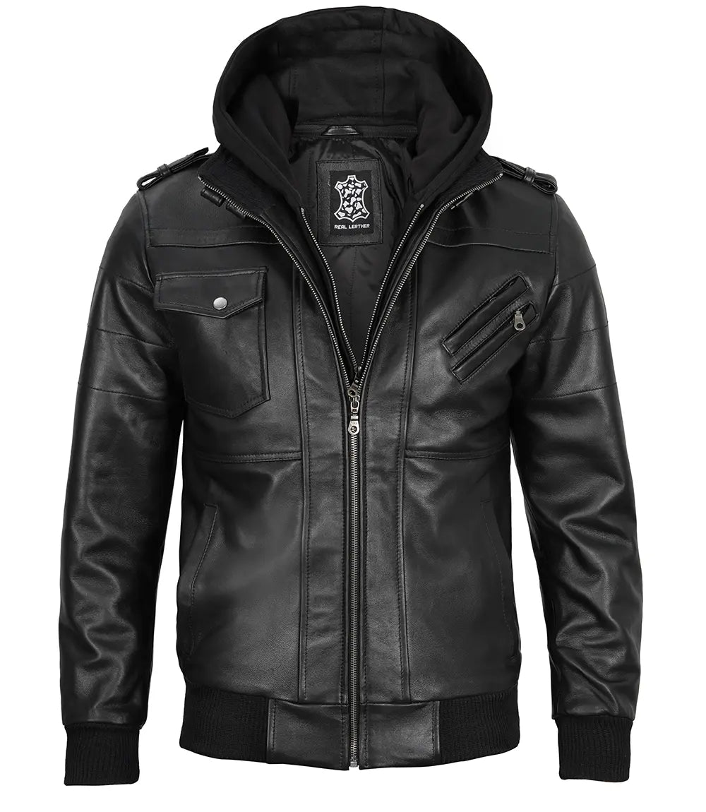 Tall Men's Black Leather Jacket with Removable Hood